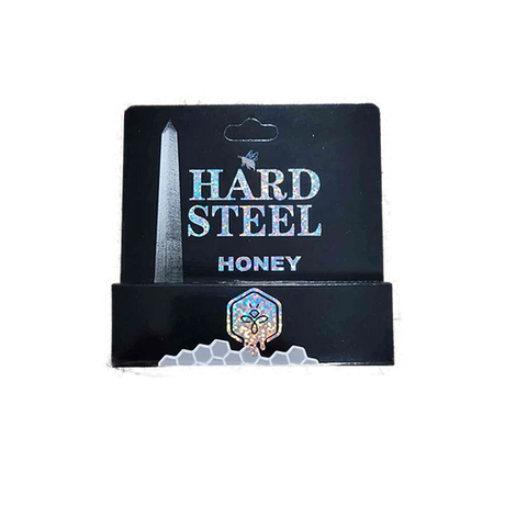 Angled overhead view of the Hard Steel Honey Vita Gummies 24-pack retail display box in bold black and gold packaging. This professional wholesale countertop display holds 24 individual packs of male enhancement gummies formulated to boost stamina, endurance, and overall physical performance.