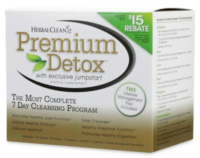 angle Front view of the Herbal Clean Premium Detox Capsules 2-Pack in metallic blue, white, and silver packaging. This rapid same-day cleanse utilizes a potent proprietary herbal blend to quickly flush toxins and impurities from your system.