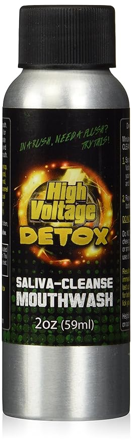 Front angled view of the High Voltage Detox 2oz Saliva Cleansing Rinse bottle in vibrant yellow and blue. This fast-acting, concentrated mouthwash is specifically formulated to instantly flush toxins and impurities from the mouth for a rapid, same-day oral cleanse.