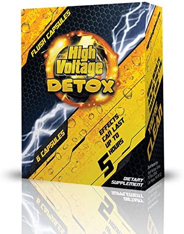 Front view of the High Voltage Detox Flush Capsules 6-Count packaging in vibrant yellow and black with a lightning bolt graphic. This fast-acting herbal supplement is formulated to quickly flush toxins and impurities from the urinary tract for a rapid same-day cleanse.