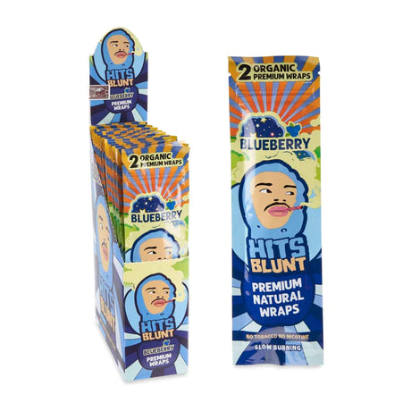 Angled front view of the Hits Blunt Premium Hemp Wraps in an assortment of vibrantly colored 25-count display boxes. Made from high-quality hemp, these 100% tobacco-free and nicotine-free wraps provide a pure, slow, and even burn.