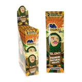 Angled front view of the Hits Blunt Premium Hemp Wraps in an assortment of vibrantly colored 25-count display boxes. Made from high-quality hemp, these 100% tobacco-free and nicotine-free wraps provide a pure, slow, and even burn.
