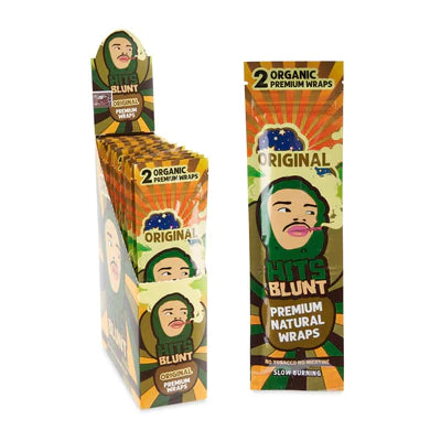 Angled front view of the Hits Blunt Premium Hemp Wraps in an assortment of vibrantly colored 25-count display boxes. Made from high-quality hemp, these 100% tobacco-free and nicotine-free wraps provide a pure, slow, and even burn.