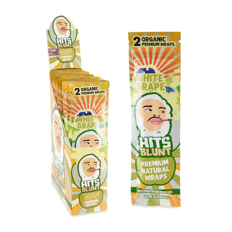 Angled front view of the Hits Blunt Premium Hemp Wraps in an assortment of vibrantly colored 25-count display boxes. Made from high-quality hemp, these 100% tobacco-free and nicotine-free wraps provide a pure, slow, and even burn.