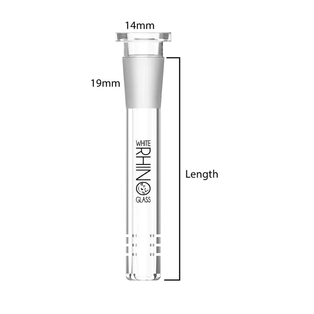 Side profile view of the White Rhino 19/14 downstem fully assembled in sleek black. Constructed from premium food-grade silicone, this versatile adapter perfectly fits 19mm water pipe joints while securely holding standard 14mm glass bowls.