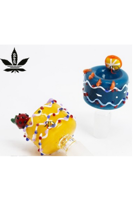 Front view of the aLeaf 14mm glass bowl fruit designs arranged in a group showing assorted vibrant colors and shapes. These fun, custom-themed replacement glass bowls perfectly fit standard 14mm female water pipes for packing your favorite dry herbs.