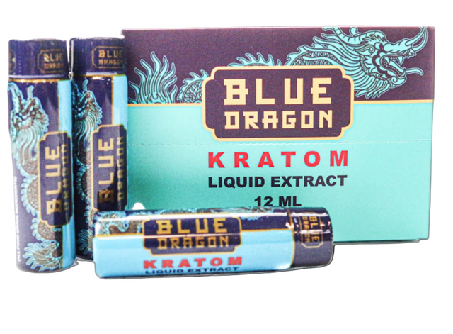 Angled overhead view of the Blue Dragon Kratom Shot 12ml retail display box featuring a matching blue design. This professional wholesale container holds multiple individual bottles for easy countertop presentation in retail environments.