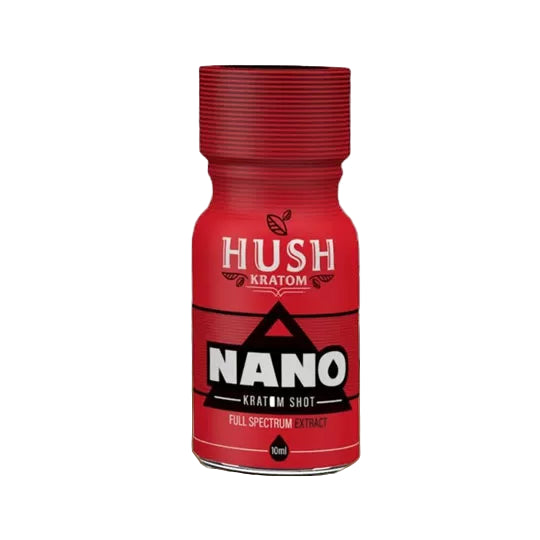 Front view of the Hush Kratom 10ml Nano shot in a clear bottle with a black, gold, and white label. This premium liquid extract utilizes advanced nano-emulsification technology to deliver incredibly rapid absorption and fast-acting botanical effects.