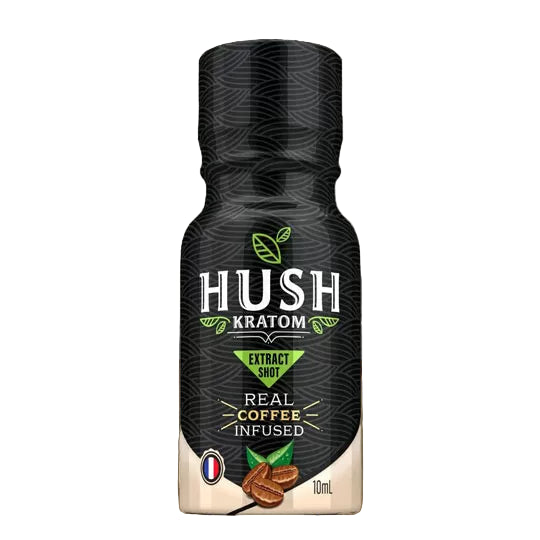 Front view of the Hush Kratom Ultra Coffee Shot 10ml bottle featuring a rich brown and gold label. This premium coffee-infused liquid botanical extract delivers a highly concentrated and fast-acting serving of kratom with a natural energy boost.