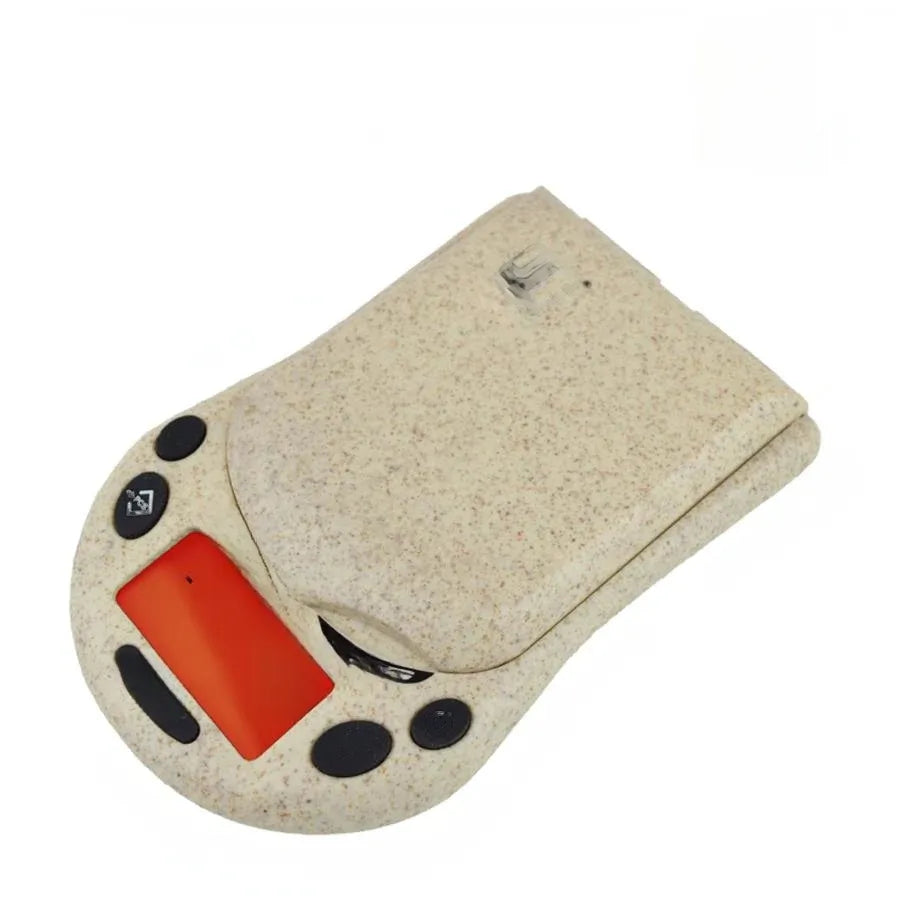 Angled overhead view of the Jennings JSR-400 digital scale in black and silver. This compact pocket scale delivers 400g x 0.01g precision, featuring a stainless steel platform ideal for weighing herbs, jewelry, and small loose items.