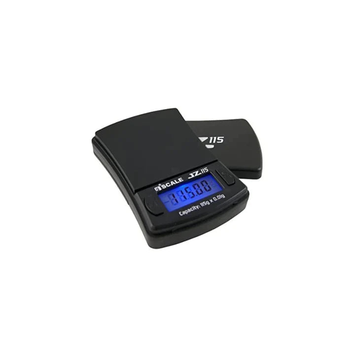Front view of the Jennings JZ Digital Scale 115g variant in black with an open clear cover. This compact pocket scale provides ultra-precise 0.01g readability, making it ideal for weighing small quantities of solid concentrates and fine botanical herbs.