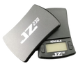 Angled overhead view of the Jennings JZ230 scale in black and silver, shown open. This pocket-sized digital scale features a protective cover that doubles as an expansion tray for accurately measuring dry herbs and concentrates.