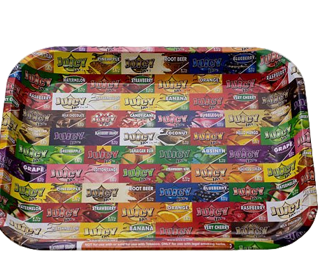 Top down view of the Juicy Jay's metal rolling tray in large. This continuous flat deck features elevated boundary walls to securely contain loose botanical herbs during the preparation process.