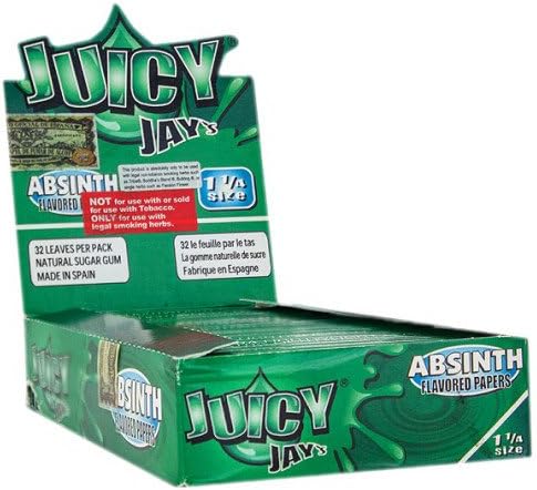 Front view of the Juicy Jay's pure rolling papers 1 1/4 size 24-pack display box in a vibrant, multi-colored aesthetic. This wholesale countertop display features a sweet variety of triple-dipped hemp papers designed to enhance your dry herb smoking sessions.