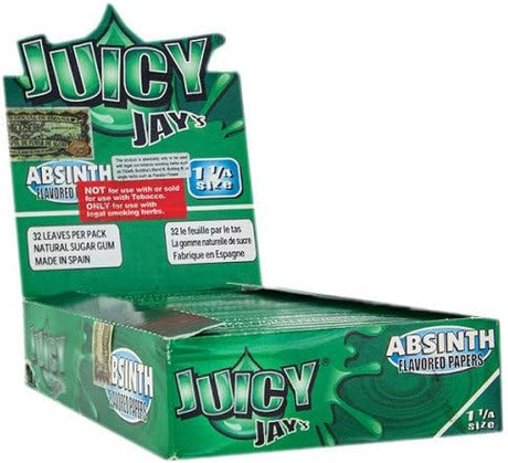 Front view of the Juicy Jay's pure rolling papers 1 1/4 size 24-pack display box in a vibrant, multi-colored aesthetic. This wholesale countertop display features a sweet variety of triple-dipped hemp papers designed to enhance your dry herb smoking sessions.