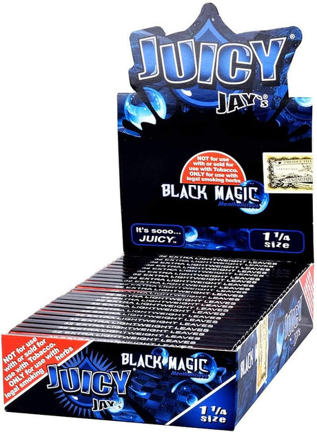 Front view of the Juicy Jay's pure rolling papers 1 1/4 size 24-pack display box in a vibrant, multi-colored aesthetic. This wholesale countertop display features a sweet variety of triple-dipped hemp papers designed to enhance your dry herb smoking sessions.
