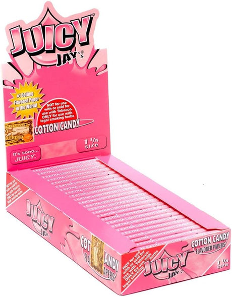 Front view of the Juicy Jay's pure rolling papers 1 1/4 size 24-pack display box in a vibrant, multi-colored aesthetic. This wholesale countertop display features a sweet variety of triple-dipped hemp papers designed to enhance your dry herb smoking sessions.