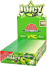 Front view of the Juicy Jay's pure rolling papers 1 1/4 size 24-pack display box in a vibrant, multi-colored aesthetic. This wholesale countertop display features a sweet variety of triple-dipped hemp papers designed to enhance your dry herb smoking sessions.