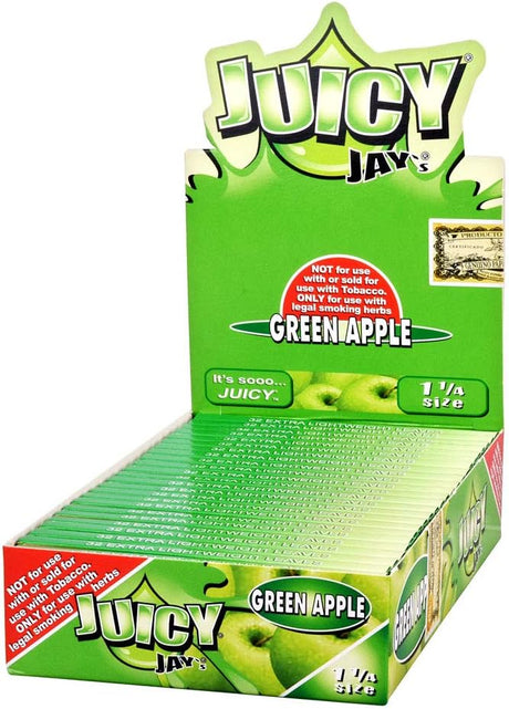 Front view of the Juicy Jay's pure rolling papers 1 1/4 size 24-pack display box in a vibrant, multi-colored aesthetic. This wholesale countertop display features a sweet variety of triple-dipped hemp papers designed to enhance your dry herb smoking sessions.