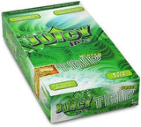 Front view of the Juicy Jay's pure rolling papers 1 1/4 size 24-pack display box in a vibrant, multi-colored aesthetic. This wholesale countertop display features a sweet variety of triple-dipped hemp papers designed to enhance your dry herb smoking sessions.