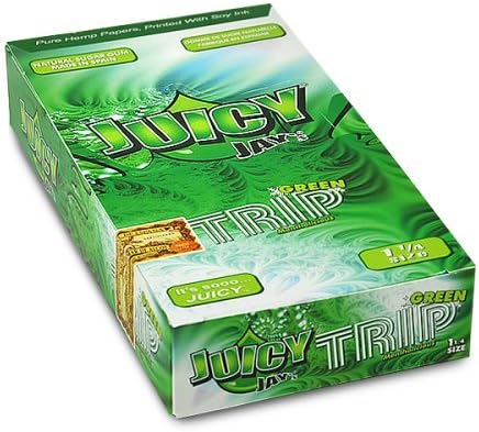 Front view of the Juicy Jay's pure rolling papers 1 1/4 size 24-pack display box in a vibrant, multi-colored aesthetic. This wholesale countertop display features a sweet variety of triple-dipped hemp papers designed to enhance your dry herb smoking sessions.