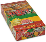 Front view of the Juicy Jay's pure rolling papers 1 1/4 size 24-pack display box in a vibrant, multi-colored aesthetic. This wholesale countertop display features a sweet variety of triple-dipped hemp papers designed to enhance your dry herb smoking sessions.