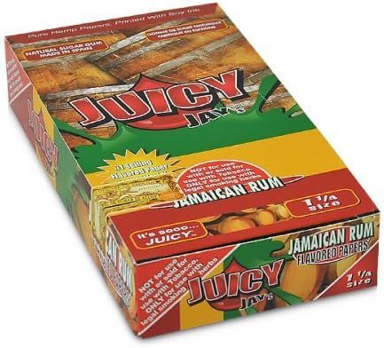 Front view of the Juicy Jay's pure rolling papers 1 1/4 size 24-pack display box in a vibrant, multi-colored aesthetic. This wholesale countertop display features a sweet variety of triple-dipped hemp papers designed to enhance your dry herb smoking sessions.