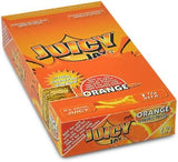 Front view of the Juicy Jay's pure rolling papers 1 1/4 size 24-pack display box in a vibrant, multi-colored aesthetic. This wholesale countertop display features a sweet variety of triple-dipped hemp papers designed to enhance your dry herb smoking sessions.