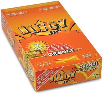 Front view of the Juicy Jay's pure rolling papers 1 1/4 size 24-pack display box in a vibrant, multi-colored aesthetic. This wholesale countertop display features a sweet variety of triple-dipped hemp papers designed to enhance your dry herb smoking sessions.