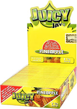 Front view of the Juicy Jay's pure rolling papers 1 1/4 size 24-pack display box in a vibrant, multi-colored aesthetic. This wholesale countertop display features a sweet variety of triple-dipped hemp papers designed to enhance your dry herb smoking sessions.