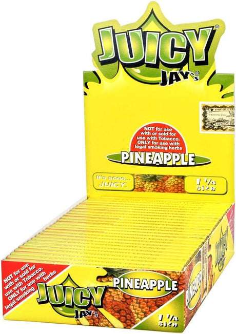 Front view of the Juicy Jay's pure rolling papers 1 1/4 size 24-pack display box in a vibrant, multi-colored aesthetic. This wholesale countertop display features a sweet variety of triple-dipped hemp papers designed to enhance your dry herb smoking sessions.