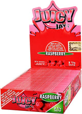 Front view of the Juicy Jay's pure rolling papers 1 1/4 size 24-pack display box in a vibrant, multi-colored aesthetic. This wholesale countertop display features a sweet variety of triple-dipped hemp papers designed to enhance your dry herb smoking sessions.