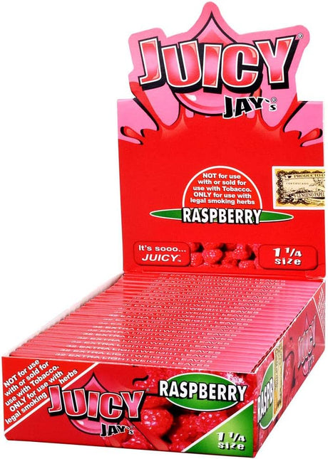 Front view of the Juicy Jay's pure rolling papers 1 1/4 size 24-pack display box in a vibrant, multi-colored aesthetic. This wholesale countertop display features a sweet variety of triple-dipped hemp papers designed to enhance your dry herb smoking sessions.