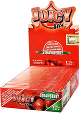 Front view of the Juicy Jay's pure rolling papers 1 1/4 size 24-pack display box in a vibrant, multi-colored aesthetic. This wholesale countertop display features a sweet variety of triple-dipped hemp papers designed to enhance your dry herb smoking sessions.