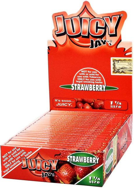Front view of the Juicy Jay's pure rolling papers 1 1/4 size 24-pack display box in a vibrant, multi-colored aesthetic. This wholesale countertop display features a sweet variety of triple-dipped hemp papers designed to enhance your dry herb smoking sessions.