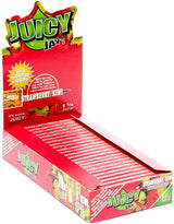 Front view of the Juicy Jay's pure rolling papers 1 1/4 size 24-pack display box in a vibrant, multi-colored aesthetic. This wholesale countertop display features a sweet variety of triple-dipped hemp papers designed to enhance your dry herb smoking sessions.