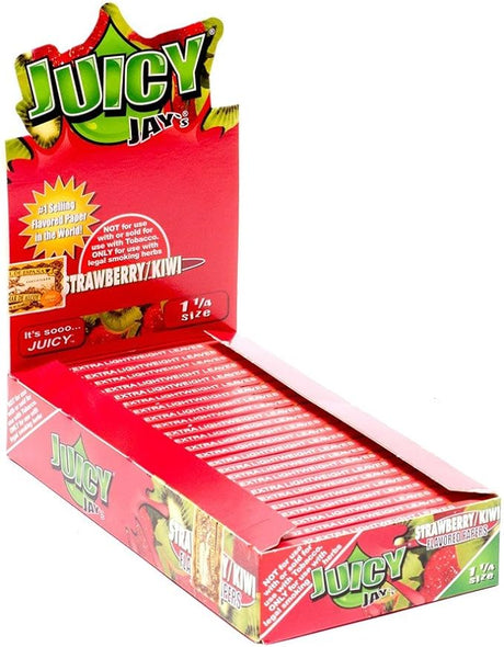 Front view of the Juicy Jay's pure rolling papers 1 1/4 size 24-pack display box in a vibrant, multi-colored aesthetic. This wholesale countertop display features a sweet variety of triple-dipped hemp papers designed to enhance your dry herb smoking sessions.