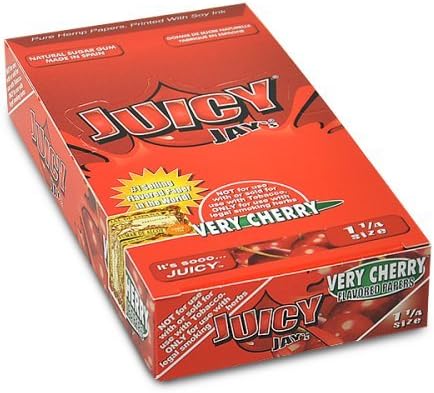 Front view of the Juicy Jay's pure rolling papers 1 1/4 size 24-pack display box in a vibrant, multi-colored aesthetic. This wholesale countertop display features a sweet variety of triple-dipped hemp papers designed to enhance your dry herb smoking sessions.