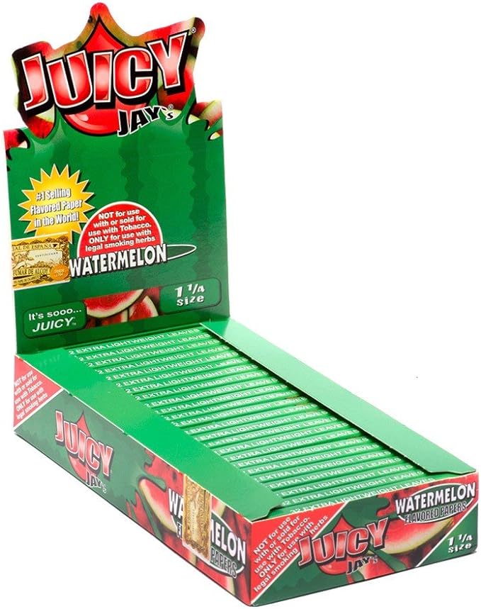Front view of the Juicy Jay's pure rolling papers 1 1/4 size 24-pack display box in a vibrant, multi-colored aesthetic. This wholesale countertop display features a sweet variety of triple-dipped hemp papers designed to enhance your dry herb smoking sessions.