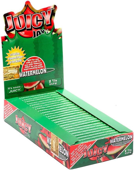 Front view of the Juicy Jay's pure rolling papers 1 1/4 size 24-pack display box in a vibrant, multi-colored aesthetic. This wholesale countertop display features a sweet variety of triple-dipped hemp papers designed to enhance your dry herb smoking sessions.