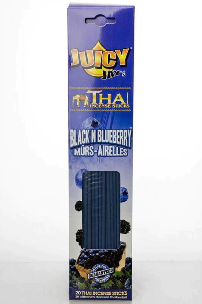 Front view of the Juicy Jay's Thai Incense Sticks 12-pack display in Black N Blueberry flavor. This folding retail carton contains twelve sleeves of highly concentrated, slow-burning incense designed to effectively manage ambient odors.