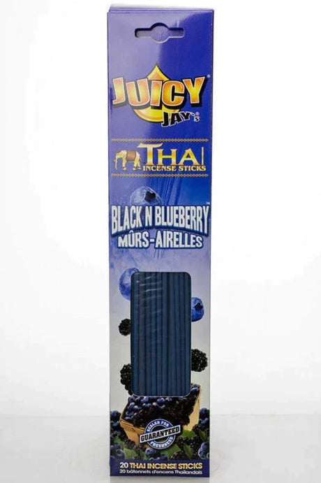 Front view of the Juicy Jay's Thai Incense Sticks 12-pack display in Black N Blueberry flavor. This folding retail carton contains twelve sleeves of highly concentrated, slow-burning incense designed to effectively manage ambient odors.