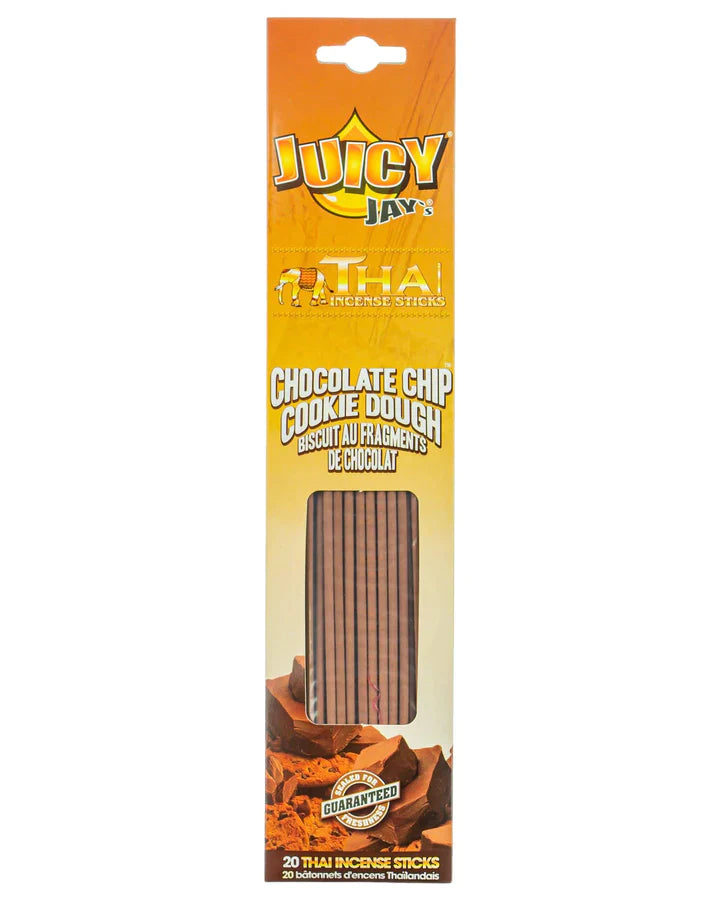 Front view of the Juicy Jay's Thai Incense Sticks 12-pack display in Chocolate Chip Cookie flavor. This folding retail carton contains twelve sleeves of highly concentrated, slow-burning incense designed to effectively manage ambient odors.