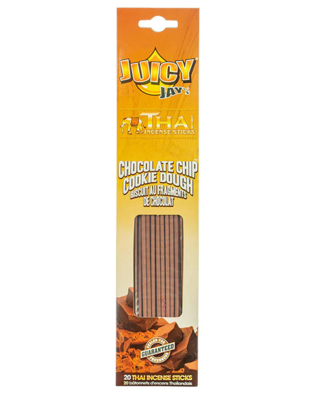 Front view of the Juicy Jay's Thai Incense Sticks 12-pack display in Chocolate Chip Cookie flavor. This folding retail carton contains twelve sleeves of highly concentrated, slow-burning incense designed to effectively manage ambient odors.