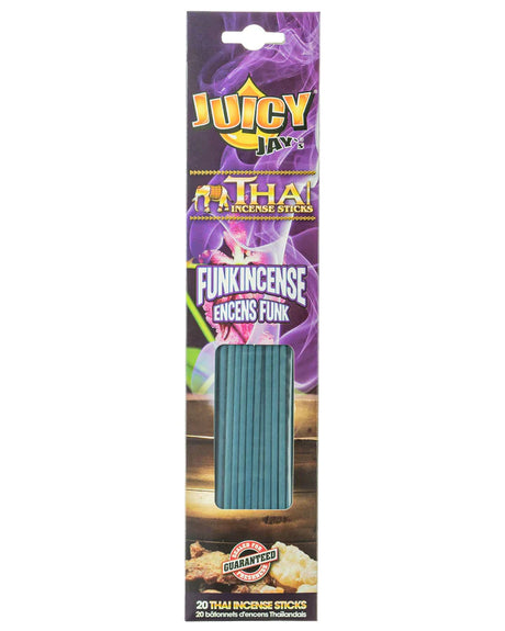 Front view of the Juicy Jay's Thai Incense Sticks 12-pack display in Funkincense flavor. This folding retail carton contains twelve sleeves of highly concentrated, slow-burning incense designed to effectively manage ambient odors.