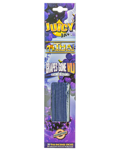Front view of the Juicy Jay's Thai Incense Sticks 12-pack display in Grape Gone Wild flavor. This folding retail carton contains twelve sleeves of highly concentrated, slow-burning incense designed to effectively manage ambient odors.
