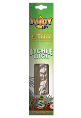 Front view of the Juicy Jay's Thai Incense Sticks 12-pack display in Lychee flavor. This folding retail carton contains twelve sleeves of highly concentrated, slow-burning incense designed to effectively manage ambient odors.