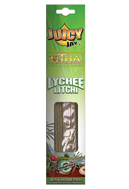 Front view of the Juicy Jay's Thai Incense Sticks 12-pack display in Lychee flavor. This folding retail carton contains twelve sleeves of highly concentrated, slow-burning incense designed to effectively manage ambient odors.