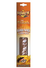 Front view of the Juicy Jay's Thai Incense Sticks 12-pack display in Mango Papaya flavor. This folding retail carton contains twelve sleeves of highly concentrated, slow-burning incense designed to effectively manage ambient odors.