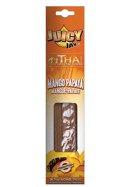 Front view of the Juicy Jay's Thai Incense Sticks 12-pack display in Mango Papaya flavor. This folding retail carton contains twelve sleeves of highly concentrated, slow-burning incense designed to effectively manage ambient odors.